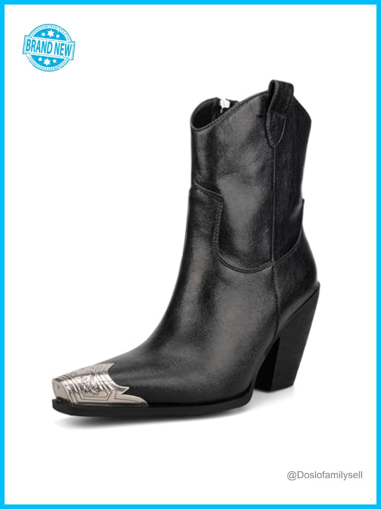 Faux Leather Cowgirl Boots Engraved Steel Toe Block Heel Zip Closure